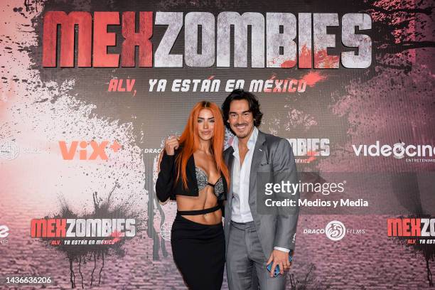 Bárbara de Regil and Fernando Schoenwald pose for a photo during the red carpet for the movie 'MexZombies' at Cinepolis Oasis on October 25, 2022 in...