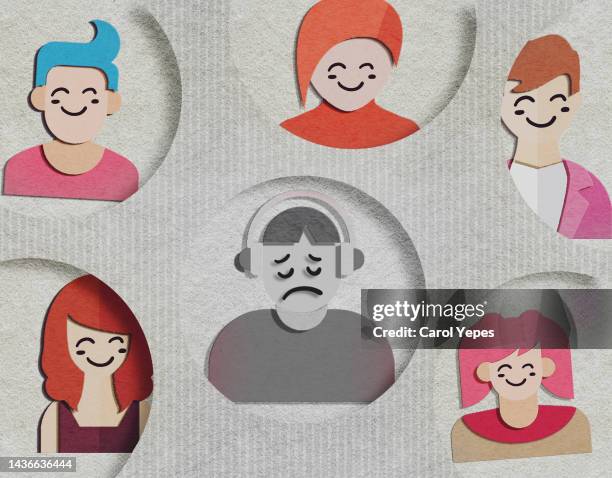 paper cutting work of some happy teenager and one sad.bullying concept depression. mental health - dominerande bildbanksfoton och bilder