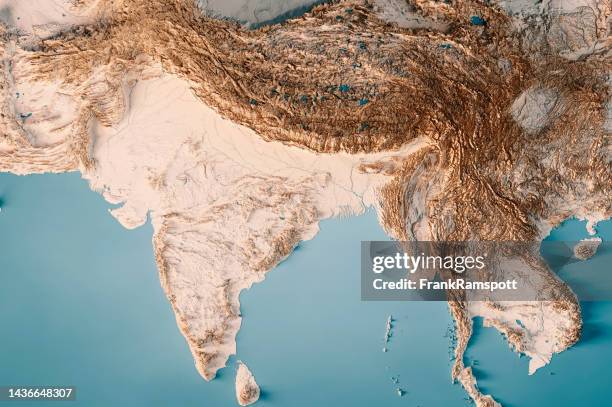 india topographic map horizontal 3d render neutral - satellite view of bay of bengal stock pictures, royalty-free photos & images