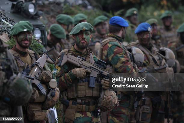 Belgian troops participate in the NATO Iron Wolf military exercises on October 26, 2022 in Pabrade, Lithuania. NATO maintains a contingent of troops...