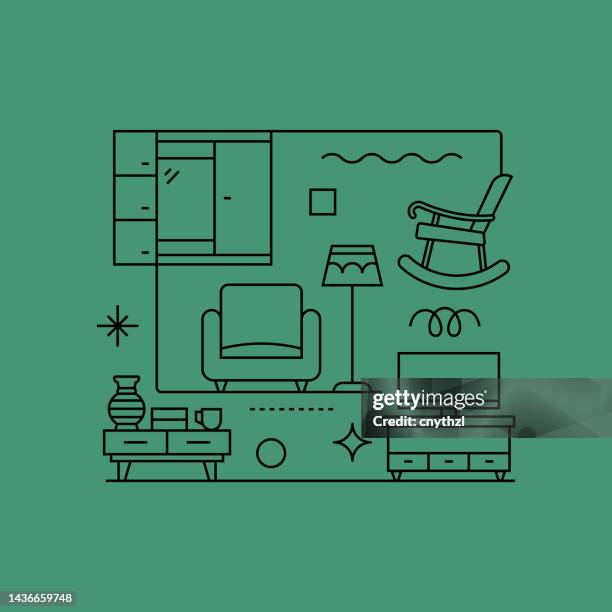 furniture related vector banner design concept, modern line style with icons - couch blanket stock illustrations
