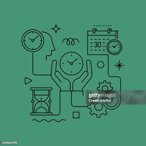 time management related vector banner design concept, modern line style with icons - sand timer stock illustrations