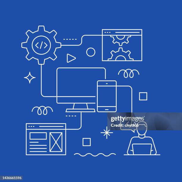 web development related vector banner design concept, modern line style with icons - web design stock illustrations