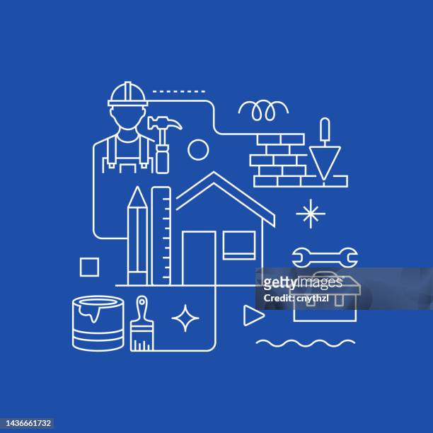 stockillustraties, clipart, cartoons en iconen met home renovation related vector banner design concept, modern line style with icons - verbouwing