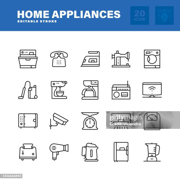 haushaltsgeräte line icon set. bearbeitbarer strich. pixel perfekt. - freezer icon stock-grafiken, -clipart, -cartoons und -symbole