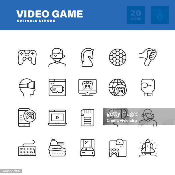 video game line icon set. editable stroke. pixel perfect. - pc gaming controller stock illustrations