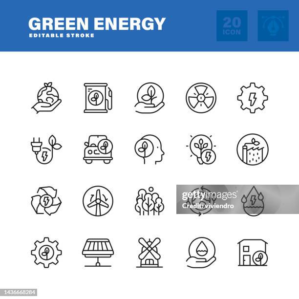 green energy line icon set. editable stroke. pixel perfect. - windmill landscape stock illustrations