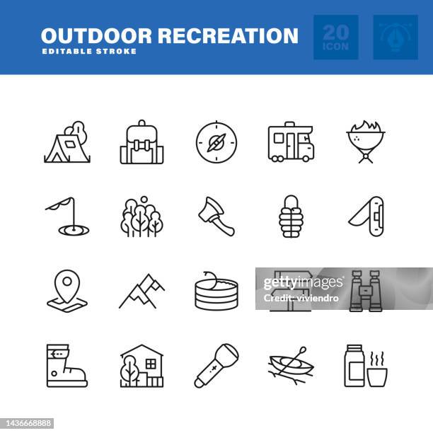 outdoor recreation line icon set. editable stroke. pixel perfect. - forest path stock illustrations