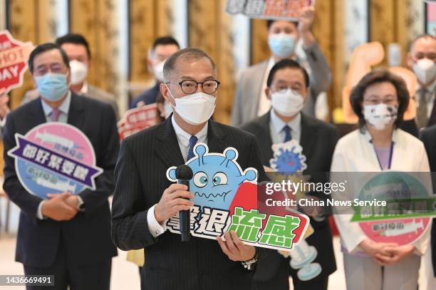 Secretary of Health of the Government of Hong Kong Special Administrative Region Lo Chung-mau speaks to the media to encourage residents to get flu...