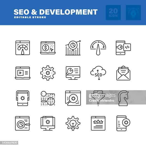 seo and development line icon set. editable stroke. pixel perfect. - search engine trends stock illustrations