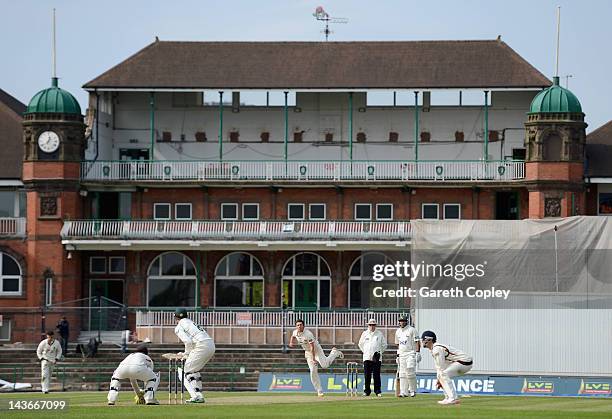 Simon Kerrigan of Lancashire bowls to Paul Franks of Nottinghamshire during day one of the LV County Championship division one match between...