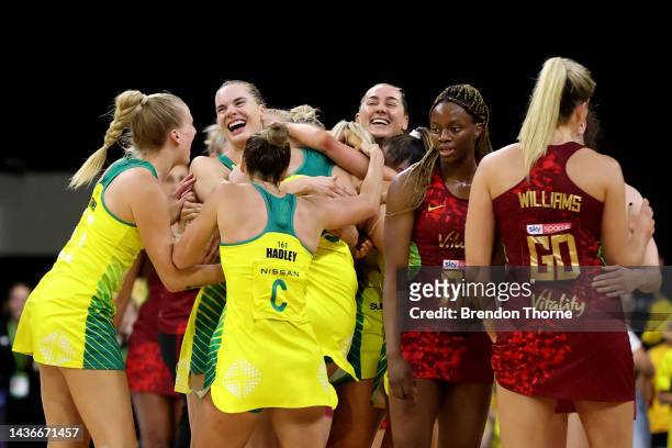 Australia Diamonds celebrate at full time during game one of the International Test series between the Australia Diamonds and England Roses at...