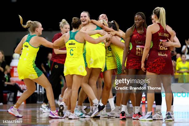 Australia Diamonds celebrate at full time during game one of the International Test series between the Australia Diamonds and England Roses at...