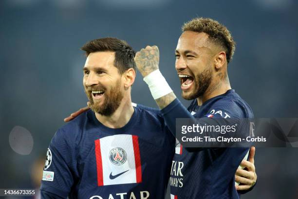 October 25: Lionel Messi of Paris Saint-Germain and Neymar of Paris Saint-Germain celebrate after combining for another goal during the Paris...