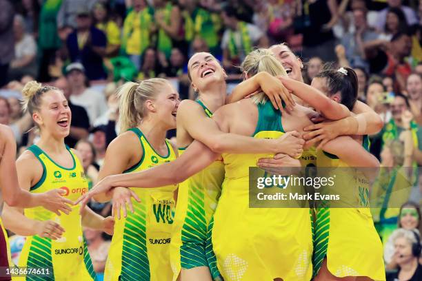 Australia celebrate their win during game one of the International Test series between the Australia Diamonds and England Roses at Newcastle...