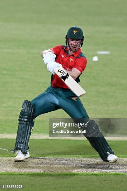 Tom Rogers of the Tigers bats during the Marsh One Day Cup match between Tasmania and Victoria at University of Tasmania Stadium, on October 26 in...