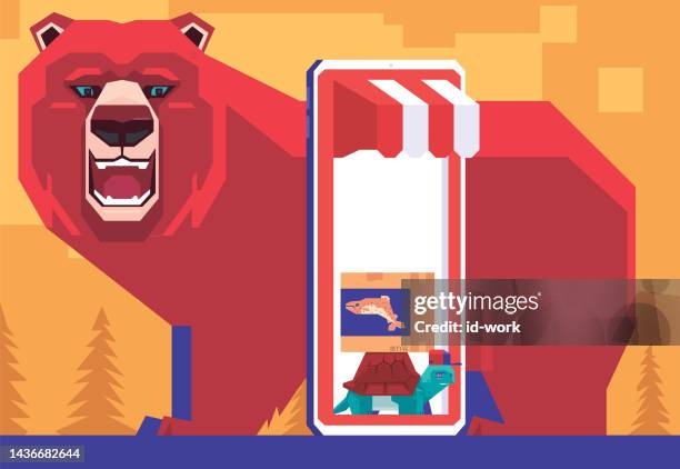 bear screaming while meeting courier tortoise on smartphone online store - essential workers vector stock illustrations