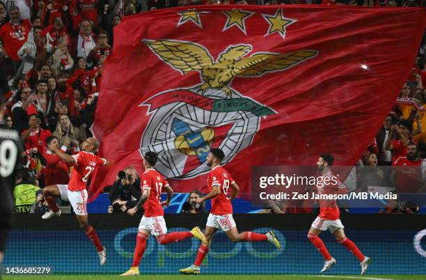 João Mario of Benfica scores and celebrates a goal during the UEFA Champions League group H match between SL Benfica and Juventus at Estadio do Sport...