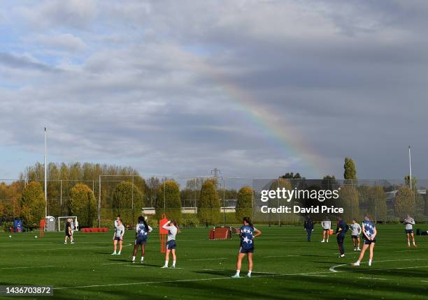 Rainbow over Arsenal women's training during the Arsenal Women's training session at London Colney on October 26, 2022 in St Albans, England.