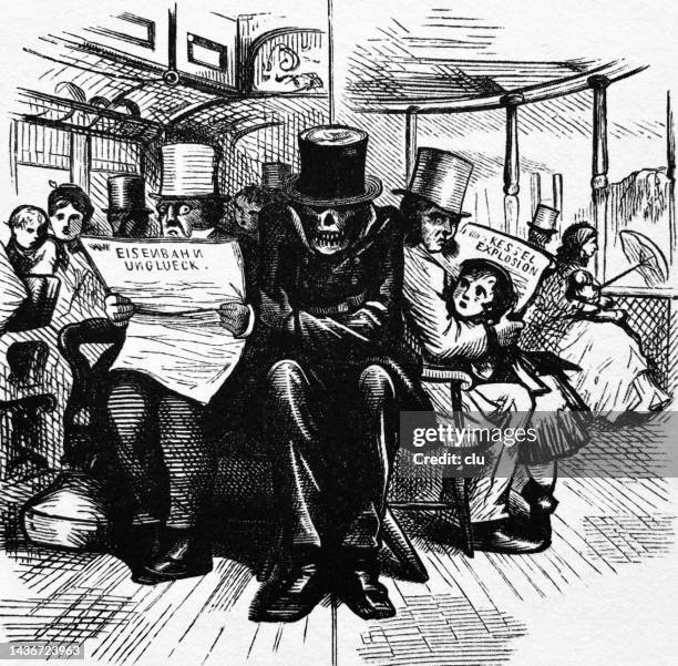 stockillustraties, clipart, cartoons en iconen met the death sitting in a tram - zwarte zwaan