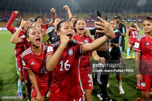 Player fo Colombia celebrate after winning the FIFA U-17 Women's World Cup 2022 Semi Final match between Nigeria and Colombia at Pandit Jawaharlal...
