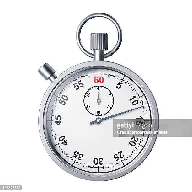 a modern silver stopwatch on white background - timer stockfoto's en -beelden