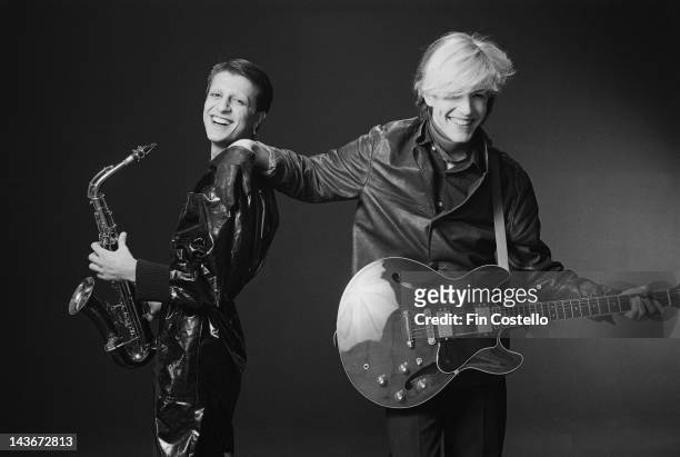Mick Karn and David Sylvian from Japan posed with instruments in London in October 1980.