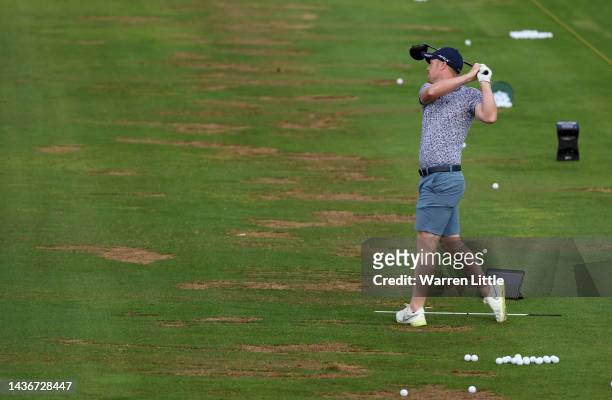 David Horsey of England practices on the driving range is pictured ahead of the Portugal Masters at Dom Pedro Victoria Golf Course on October 26,...