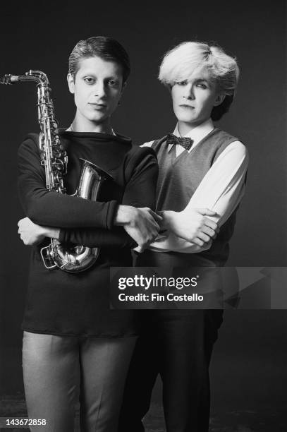 Mick Karn and David Sylvian from Japan posed with instruments in London in October 1980.