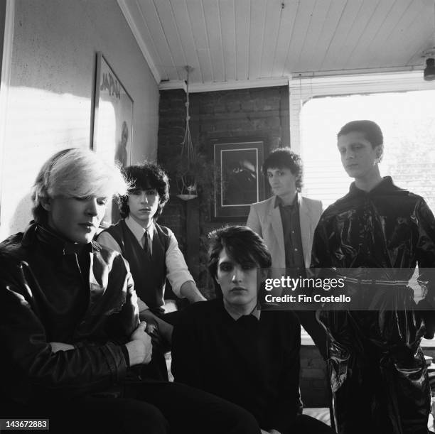 English band Japan posed in London in October 1980. Left to right: David Sylvian, Richard Barbieri, Steve Jansen, Rob Dean and Mick Karn .