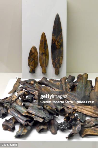 Points of lances on display at the "Iron Age" exhibiton at National Archaeological Museum on October 26, 2022 in Verona, Italy.