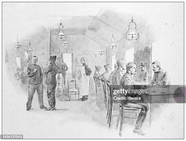 ilustraciones, imágenes clip art, dibujos animados e iconos de stock de imagen antigua: entrenamiento militar en la ecole de sainte maixent, oficiales - billet de train