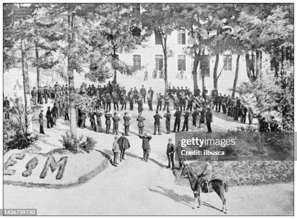 bildbanksillustrationer, clip art samt tecknat material och ikoner med antique image: military training at ecole de sainte maixent - fanfar