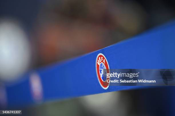 The UEFA logo is seen prior to the UEFA Champions League group E match between FC Salzburg and Chelsea FC at Football Arena Salzburg on October 25,...