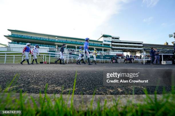 General view as jockeys enter the parade ring at Chepstow Racecourse on October 26, 2022 in Chepstow, Wales.
