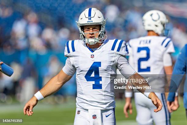 Sam Ehlinger of the Indianapolis Colts warms up before a game against the Tennessee Titans at Nissan Stadium on October 23, 2022 in Nashville,...