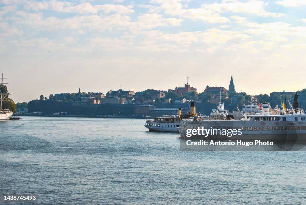 baltic sea and view of the city of stockholm, sweden. - archipelago stockfoto's en -beelden