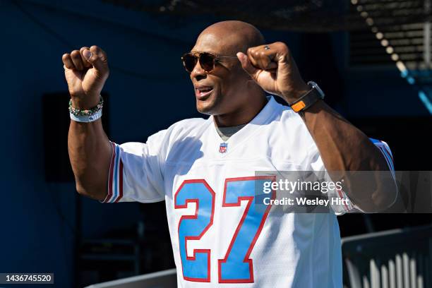 Former player Eddie George of the Tennessee Titans walks onto the field before a game against the Indianapolis Colts at Nissan Stadium on October 23,...