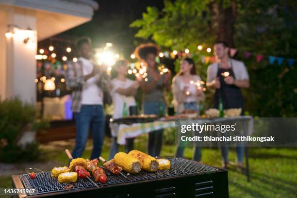 happy group of friends multi ethnicity enjoying barbecue party together in backyard. - focus on foreground food stock pictures, royalty-free photos & images