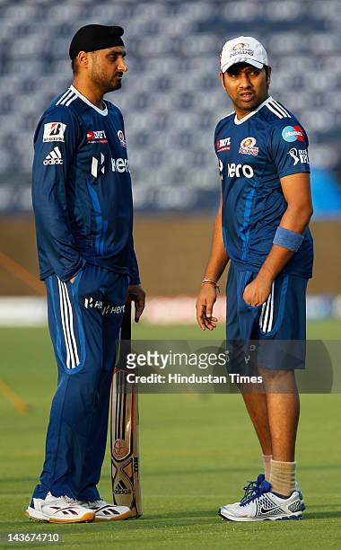 Sports ::::: IPL :::: Mumbai Indian player Rohit Sharma and Harbhajan Singh during the net practice session on the eve of match between Pune Warriors...