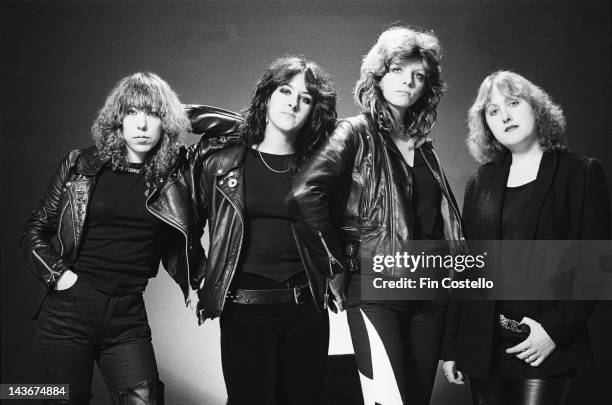 1st NOVEMBER: British rock band Girlschool posed in London in November 1980.Left to right: drummer Denise Dufort, guitarist and singer Kim McAuliffe,...