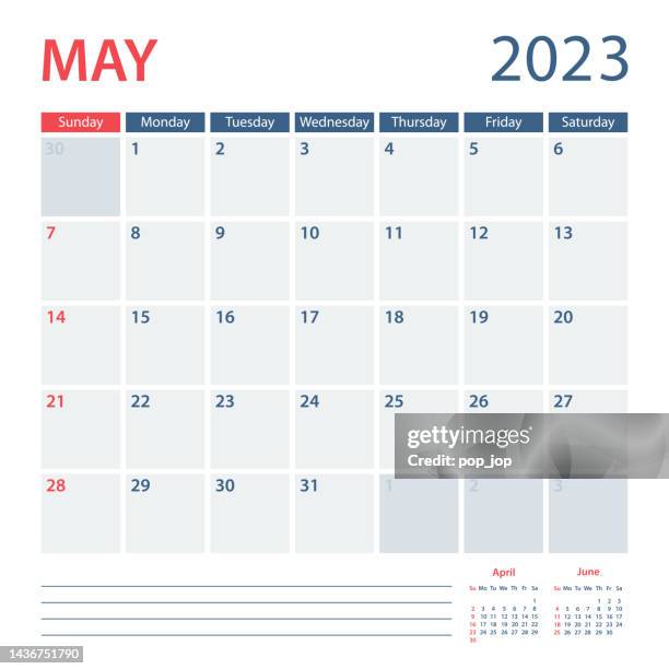 2023 may calendar planner vector template. week starts on sunday - april stock illustrations