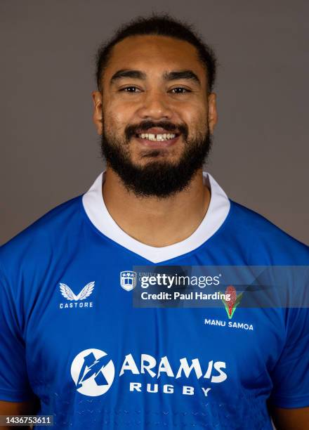 Chris Vui of Samoa poses for a portrait during the Samoa Rugby Union Squad Photo call at The Lensbury on October 25, 2022 in Teddington, England.