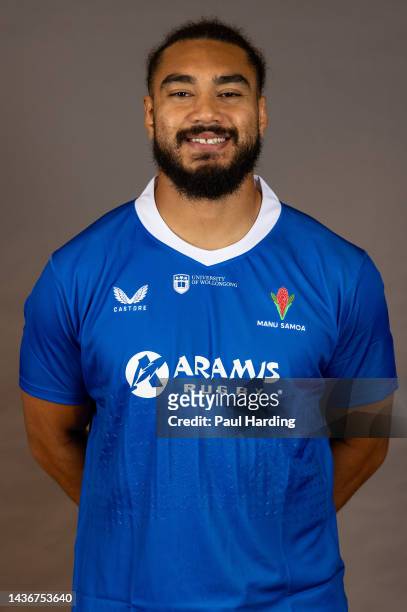Chris Vui of Samoa poses for a portrait during the Samoa Rugby Union Squad Photo call at The Lensbury on October 25, 2022 in Teddington, England.