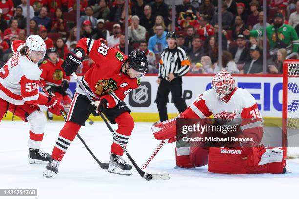 Patrick Kane of the Chicago Blackhawks controls the puck against Alex Nedeljkovic of the Detroit Red Wings during the second period at United Center...