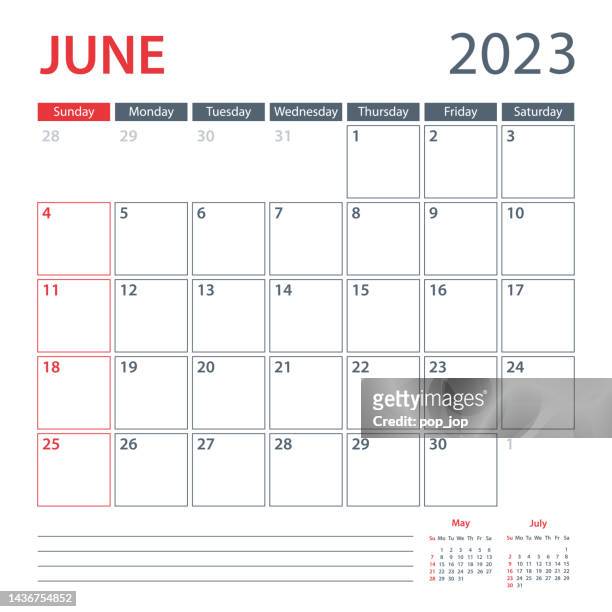 ilustraciones, imágenes clip art, dibujos animados e iconos de stock de plantilla vectorial del planificador de calendario de junio de 2023. la semana comienza el domingo - junio