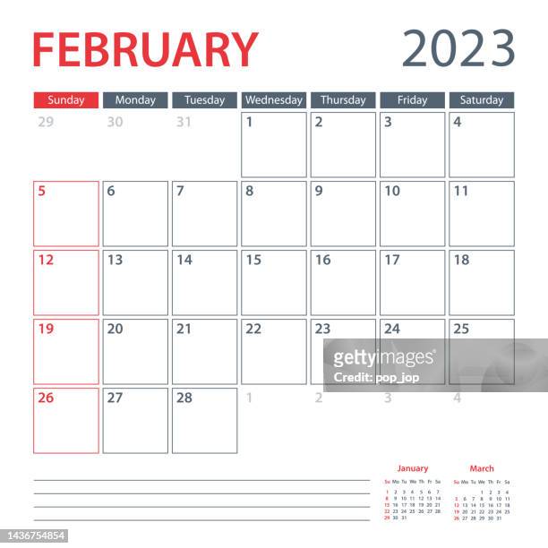 2023 february calendar planner vector template. week starts on sunday - february stock illustrations