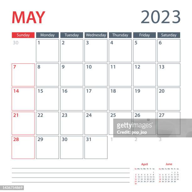 2023 may calendar planner vector template. week starts on sunday - may month stock illustrations