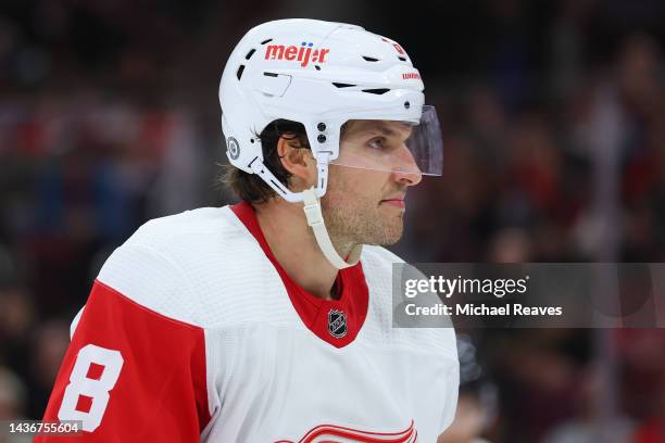 Ben Chiarot of the Detroit Red Wings looks on against the Chicago Blackhawks during the second period at United Center on October 21, 2022 in...