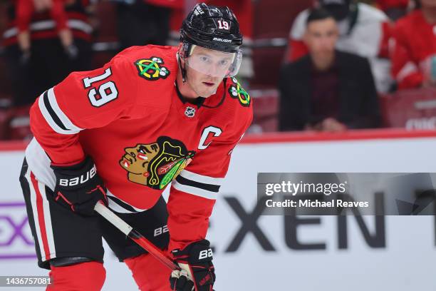 Jonathan Toews of the Chicago Blackhawks looks on against the Detroit Red Wings prior to the game at United Center on October 21, 2022 in Chicago,...